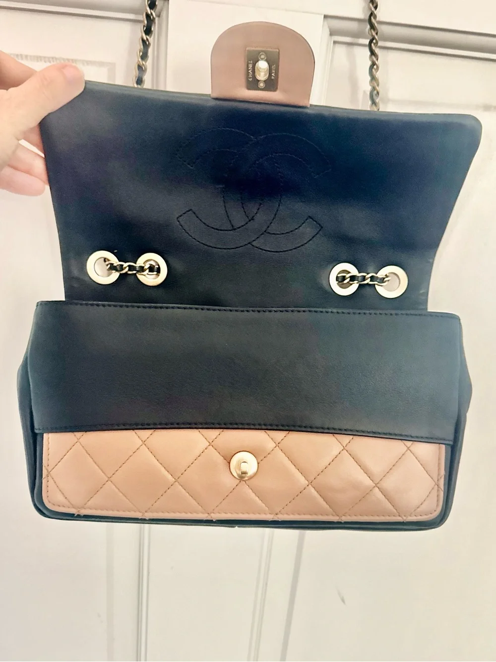 Authentic Chanel Quilted Flap Shoulder Bag - Beige with Black Trim